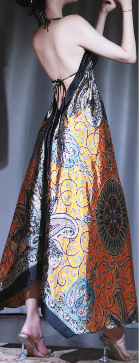 ✨Girlhomeshops-Halter Paisley Print Maxi Dress Satin Irregular Hem Boho Evening Gown gh9976