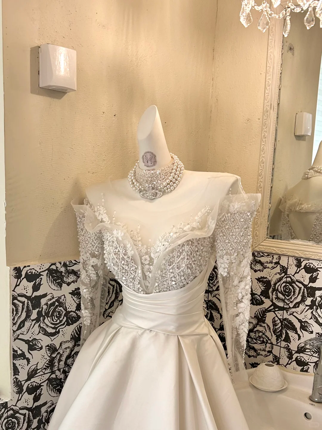 Ivory Long Sleeve Sheer Rhinestone Cinched Waist Full Flared Skirt Long Premium Vintage Romantic Dress, Wedding Gown gh7788