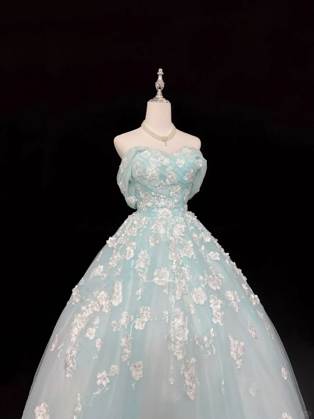 Light Blue Strapless Cinched Waist Embroidered Voluminous Skirt Long Romantic Dress, Wedding Gown gh7918