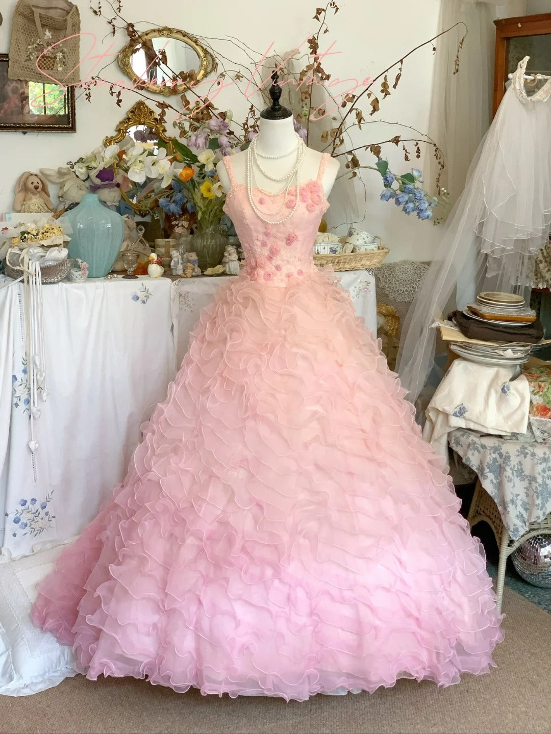 Rosa Blumen Langes Tüll Ballkleid Abendkleid Quinceanera Kleider Brautkleid gh4578