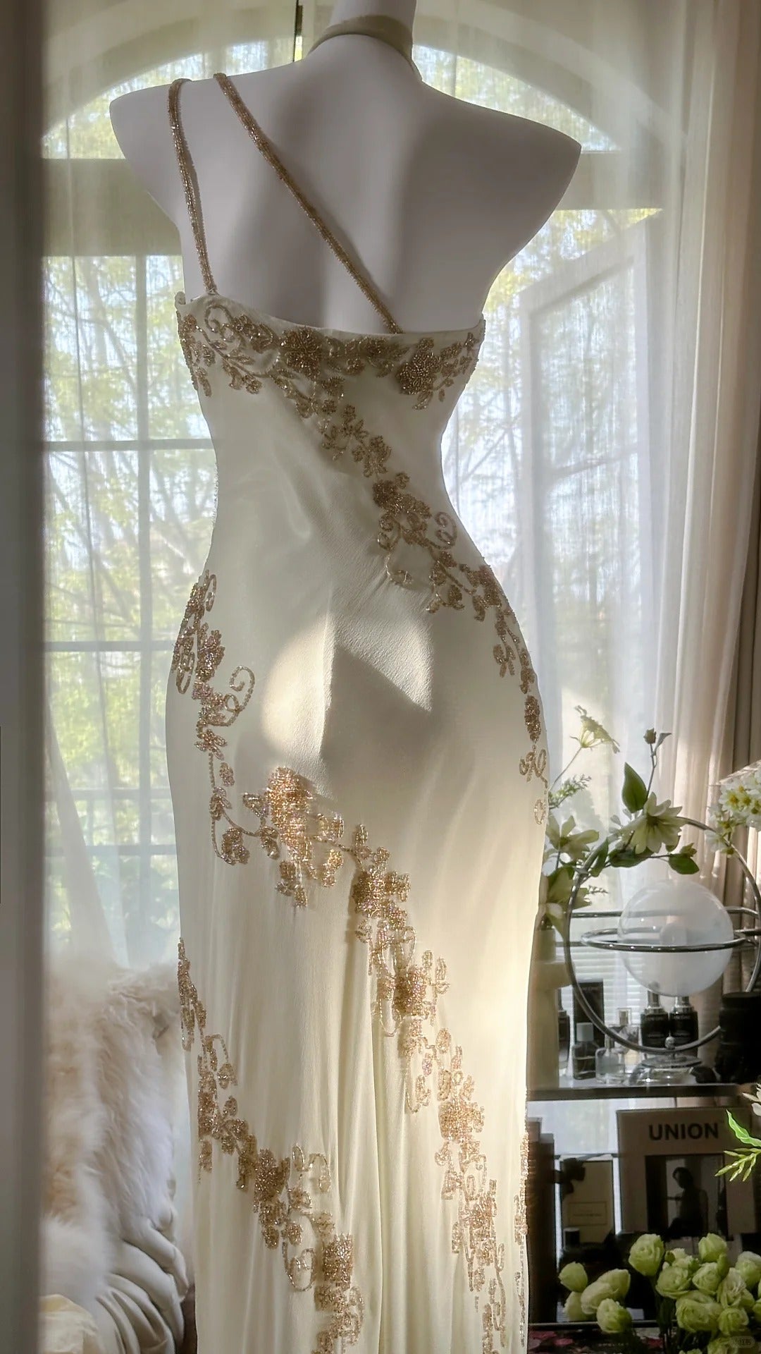 Elfenbein/Grün Vintage Fashion One Shoulder Exquisite Perlen Langes Chiffon Ballkleid Geburtstagspartykleid Cocktailpartykleid Abendkleid Ballkleid gh3971