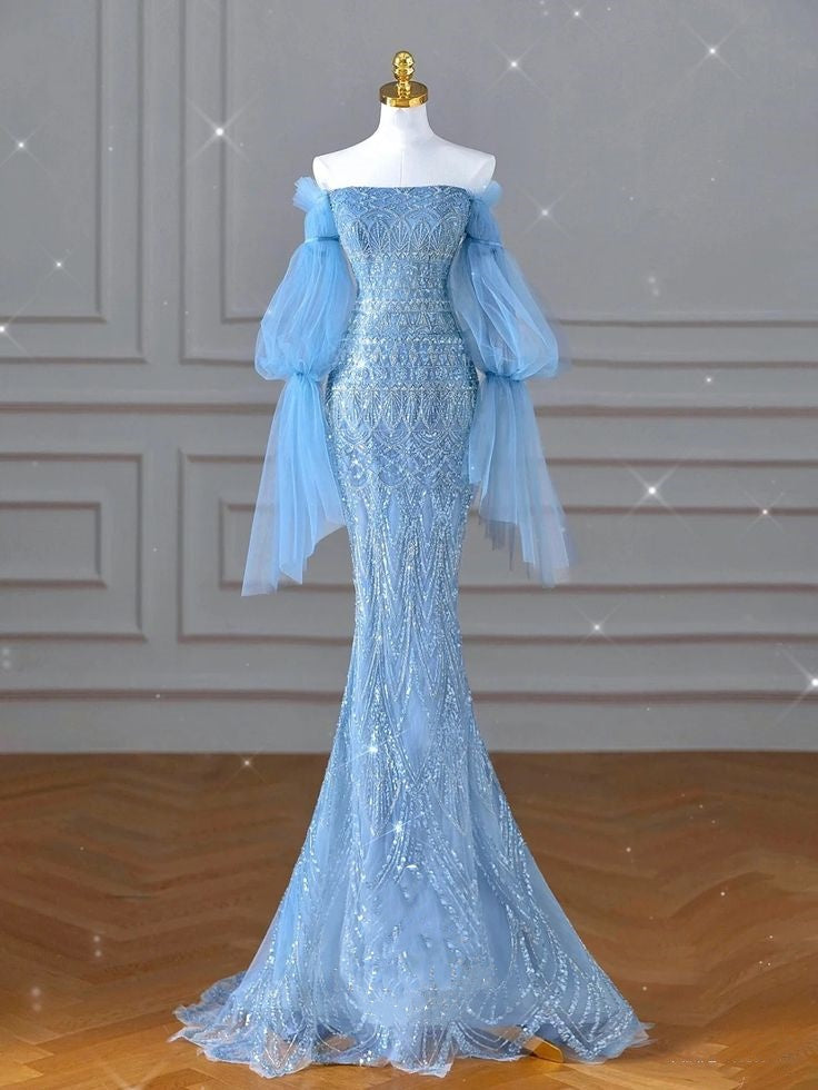 Blaues luxuriöses, wunderschönes, glänzendes, exquisites Perlenkleid, elegantes, langes, mit Pailletten besetztes Tüll mit langen Ärmeln, Meerjungfrau-Abendkleid mit schmalen Ärmeln, Ballkleid, gh3388