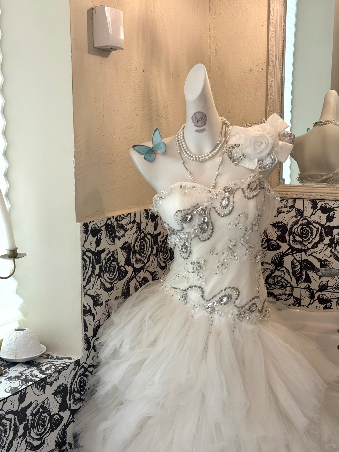 White Strapless Beaded Waist-Cinched Tiered Ruffle Cake Skirt Romantic Dress, Wedding Gown gh7496