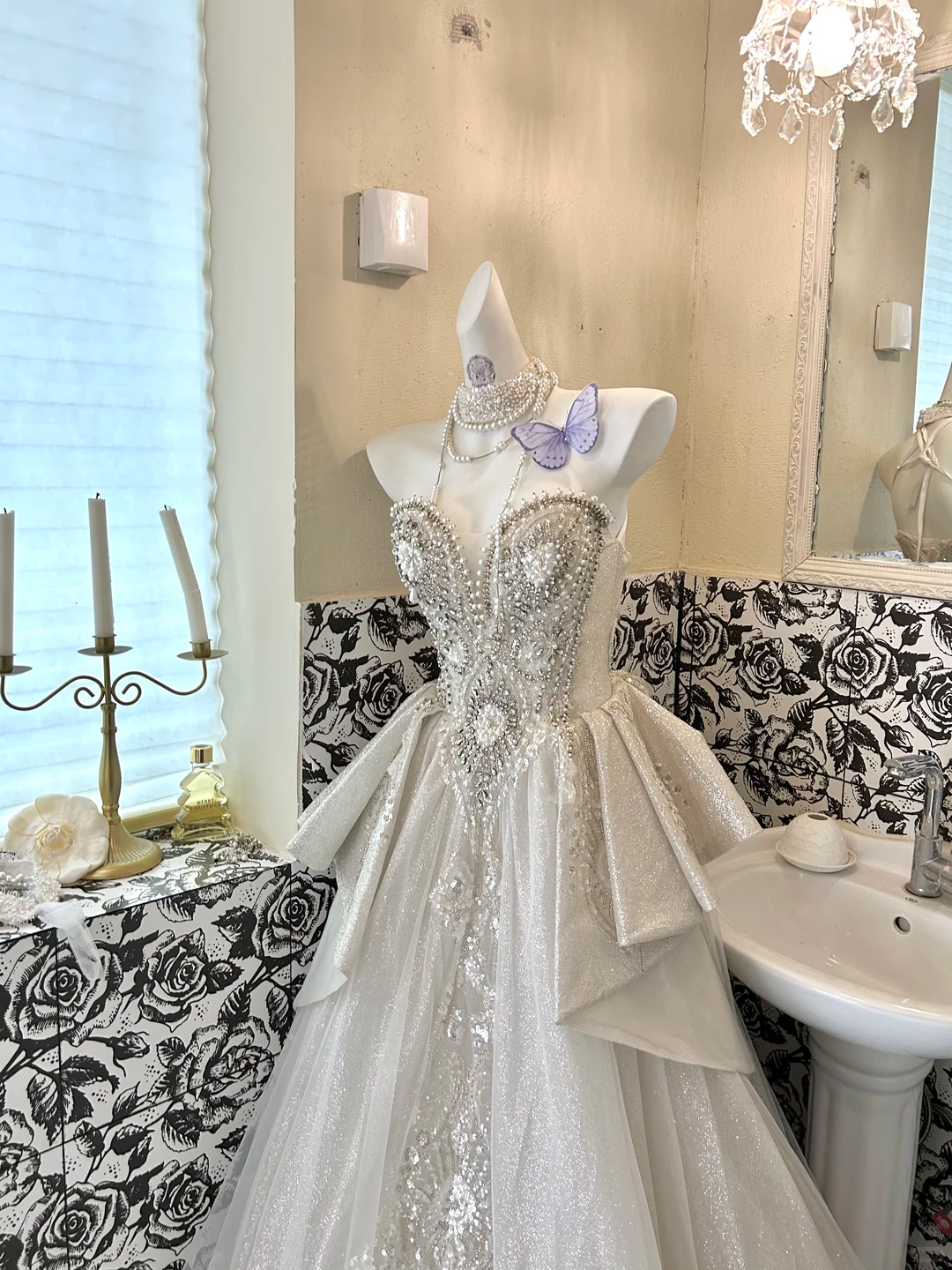 Ivory Gown with Silver Decorations, Waist-Cinched Slim A-Line Long Romantic Dress, Wedding Gown gh7703