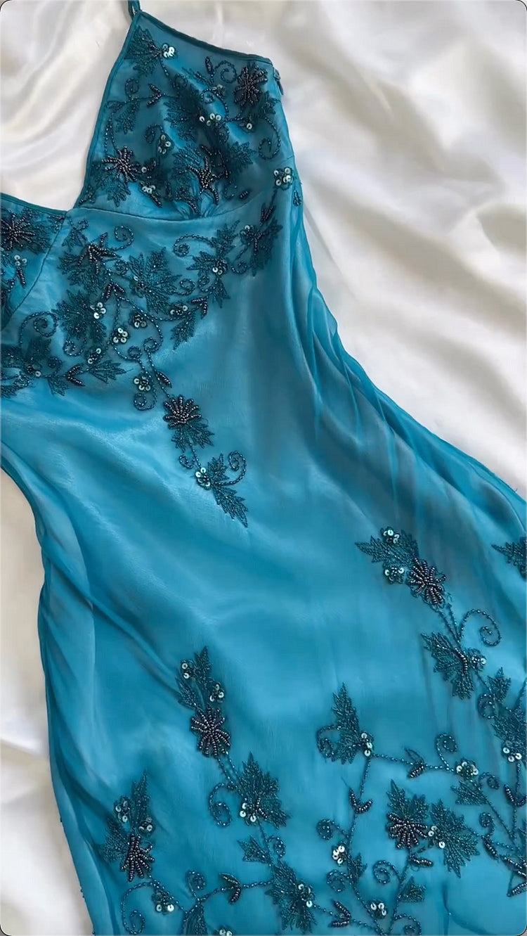Blau glänzend Mode exquisite Perlen Spaghetti Strap lange Chiffon Ballkleid Abendkleid Partykleid gh3405
