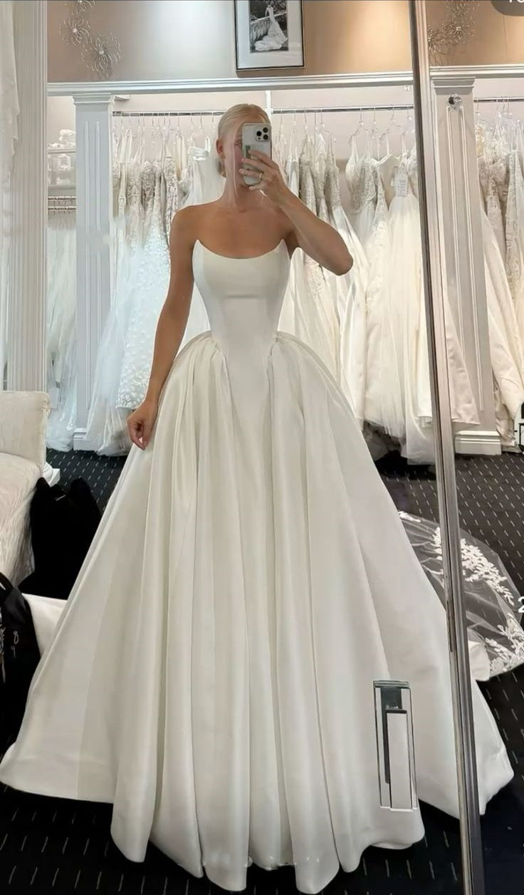 girlhomeshops-Weißes langes Satin-Hochzeitskleid gh6276