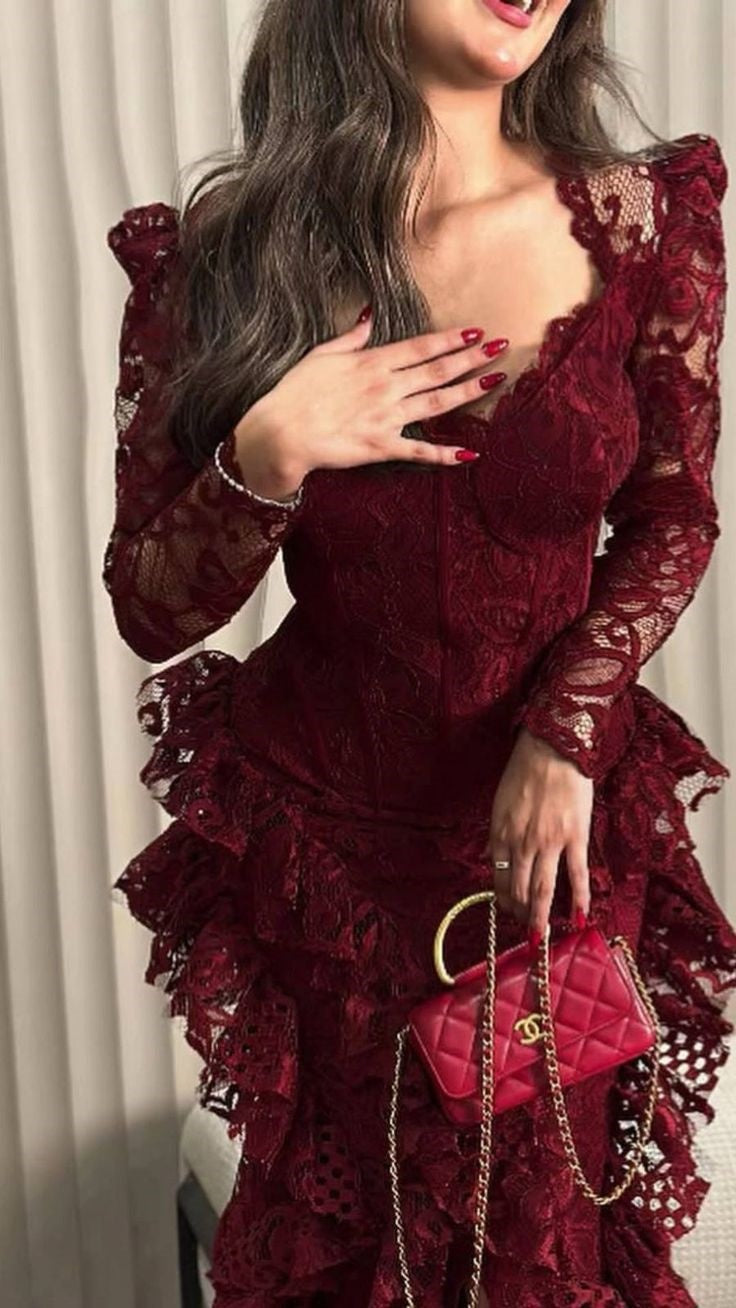 Glam Burgundy Lace Mermaid Maxi Dress | V-Neck Layered Ruffle Dress, Gala Friends Gathering Fashion Outfit gh6452