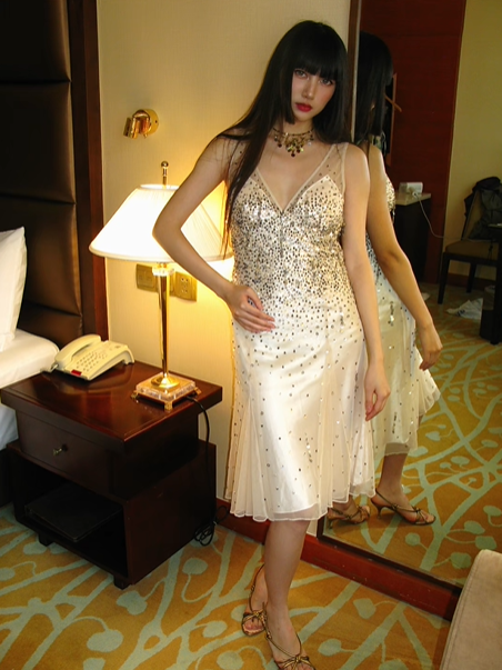 Light Champagne V-Neck Fitted Waist Sequin Vintage Luxury Prom Gown, Evening Party Dress gh8359