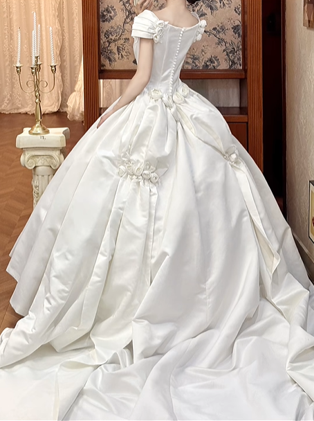 White Vintage Satin Ball Gown Wedding Prom Dress, Square Off‑the‑Shoulder Puff Sleeves, 3D Fabric Roses, Voluminous Pleated Skirt gh8708
