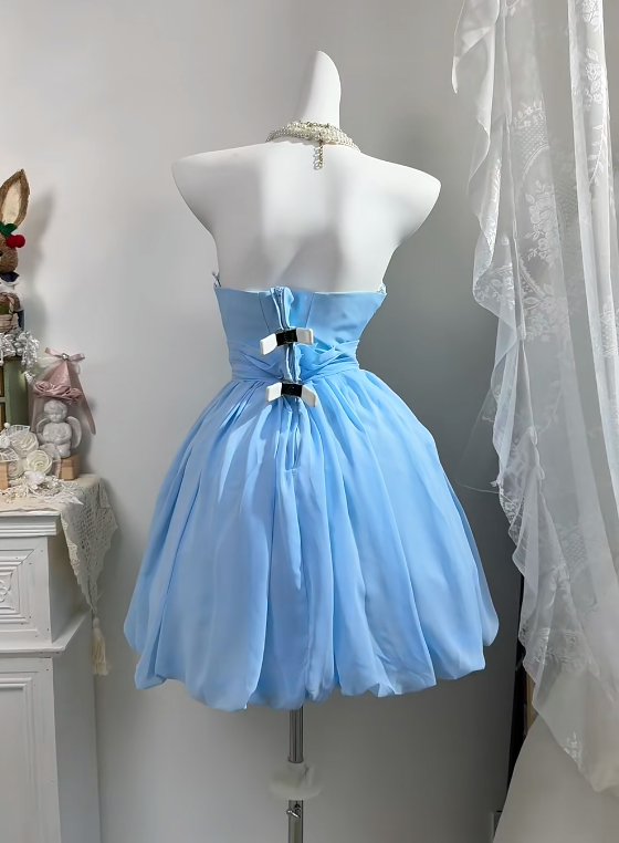 Light Blue Strapless Homecoming Dress Ruched Bodice Puff Bubble Skirt Short Cocktail Gown gh9402