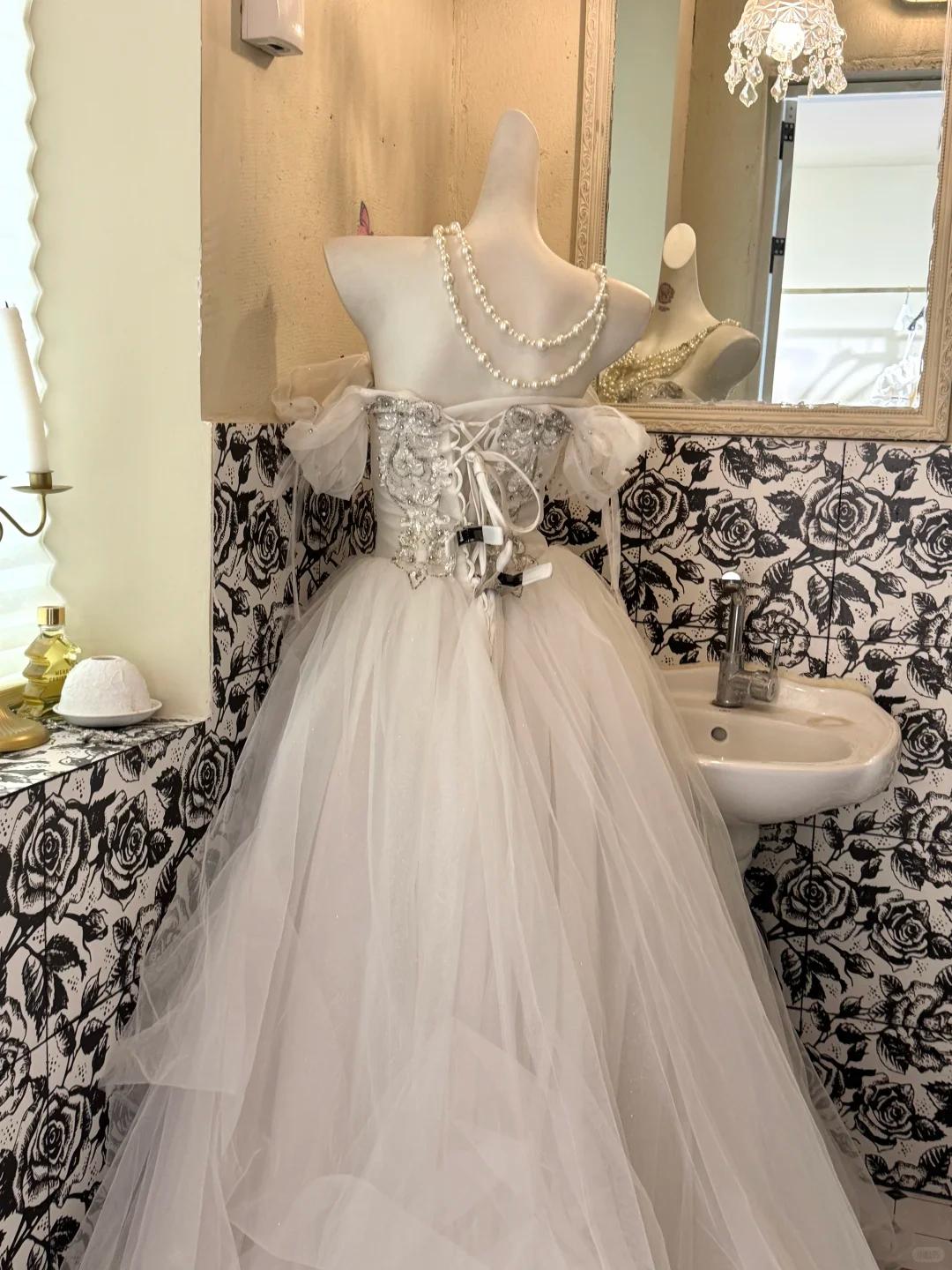 Ivory Off-the-Shoulder Gown with Silver Embellishments, Waist-Cinched Puffy Long Romantic Dress, Wedding Gown gh7539