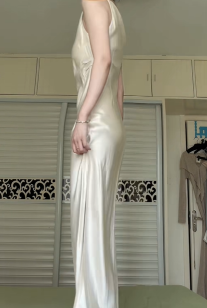 Champagne Satin Long Evening Gown, Asymmetrical Draped Neckline, Single Thin Strap, High Side Slit, Fitted Column Maxi Dress gh8935
