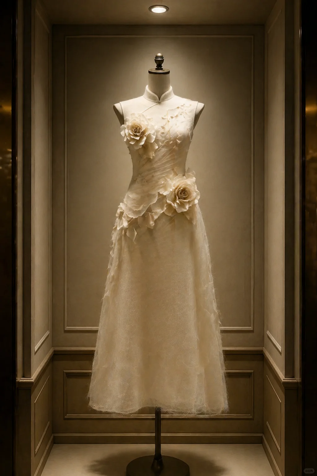 ✨Girlhomeshops-Cream White 3D Camellia Tulle Cheongsam Qipao gh10452