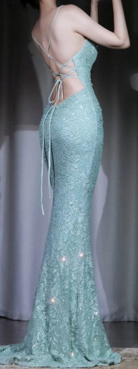 ✨Girlhomeshops-Mint Green Lace Sequin Spaghetti Strap Mermaid Prom Dress Sweep Train gh10032