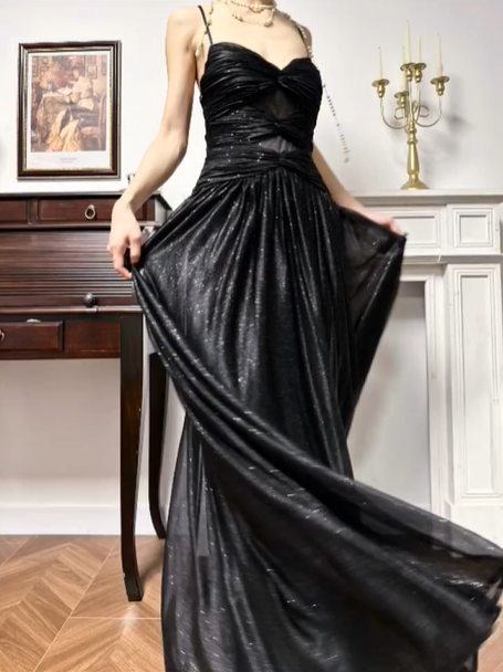 Black Glitter‑Mesh Spaghetti‑Strap Twist‑Knot A‑Line Floor‑Length Vintage Evening Prom Gown gh8790