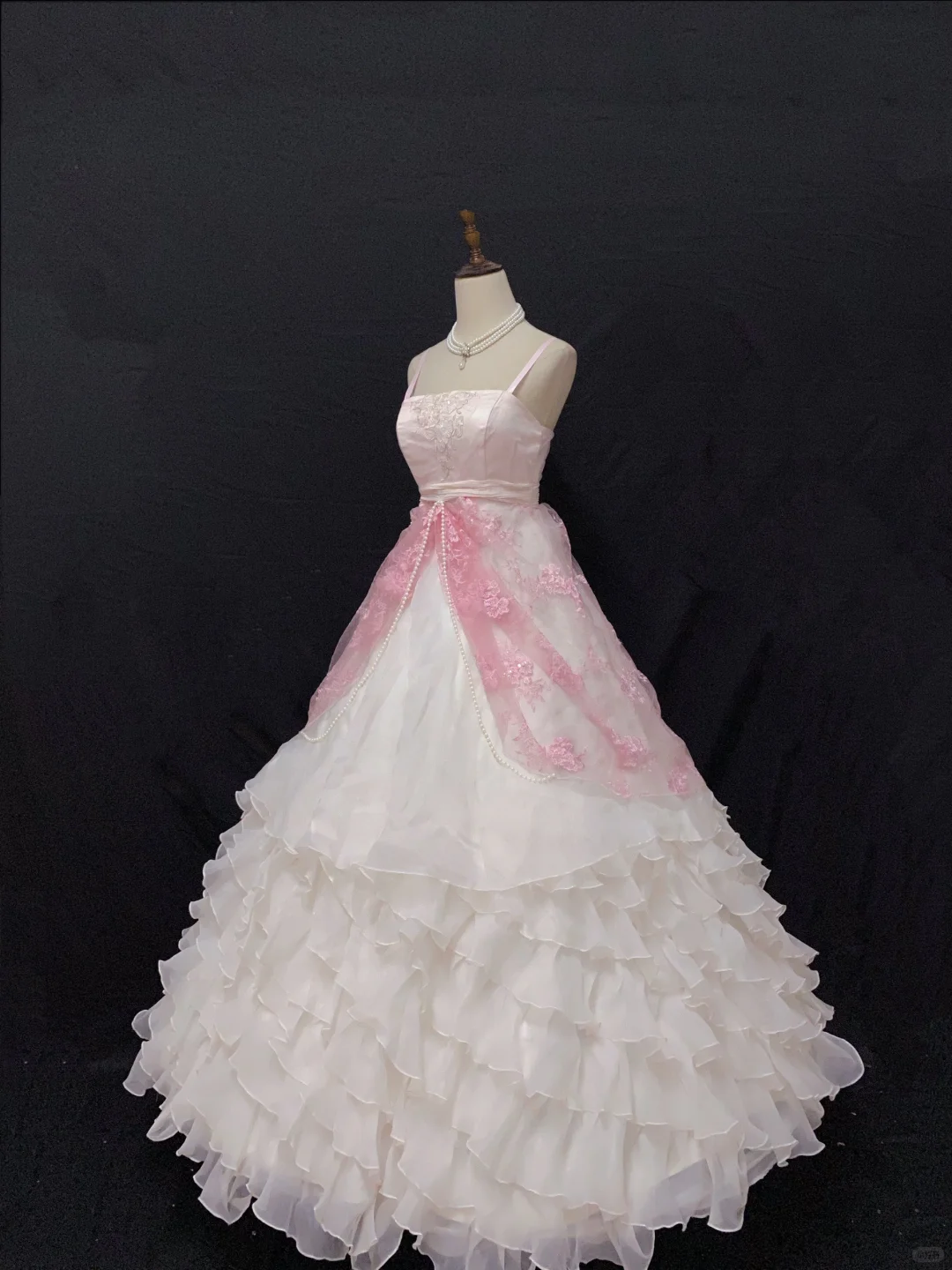 Blush Pink Spaghetti Strap Wedding Dress, Cinched Waist, Long White Puffy Princess Skirt gh8270
