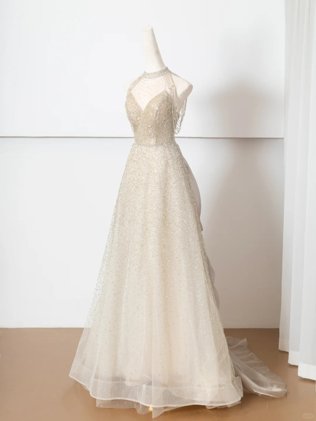 Robe de soirée longue en tulle, élégante et brillante, couleur champagne doré, gh4870