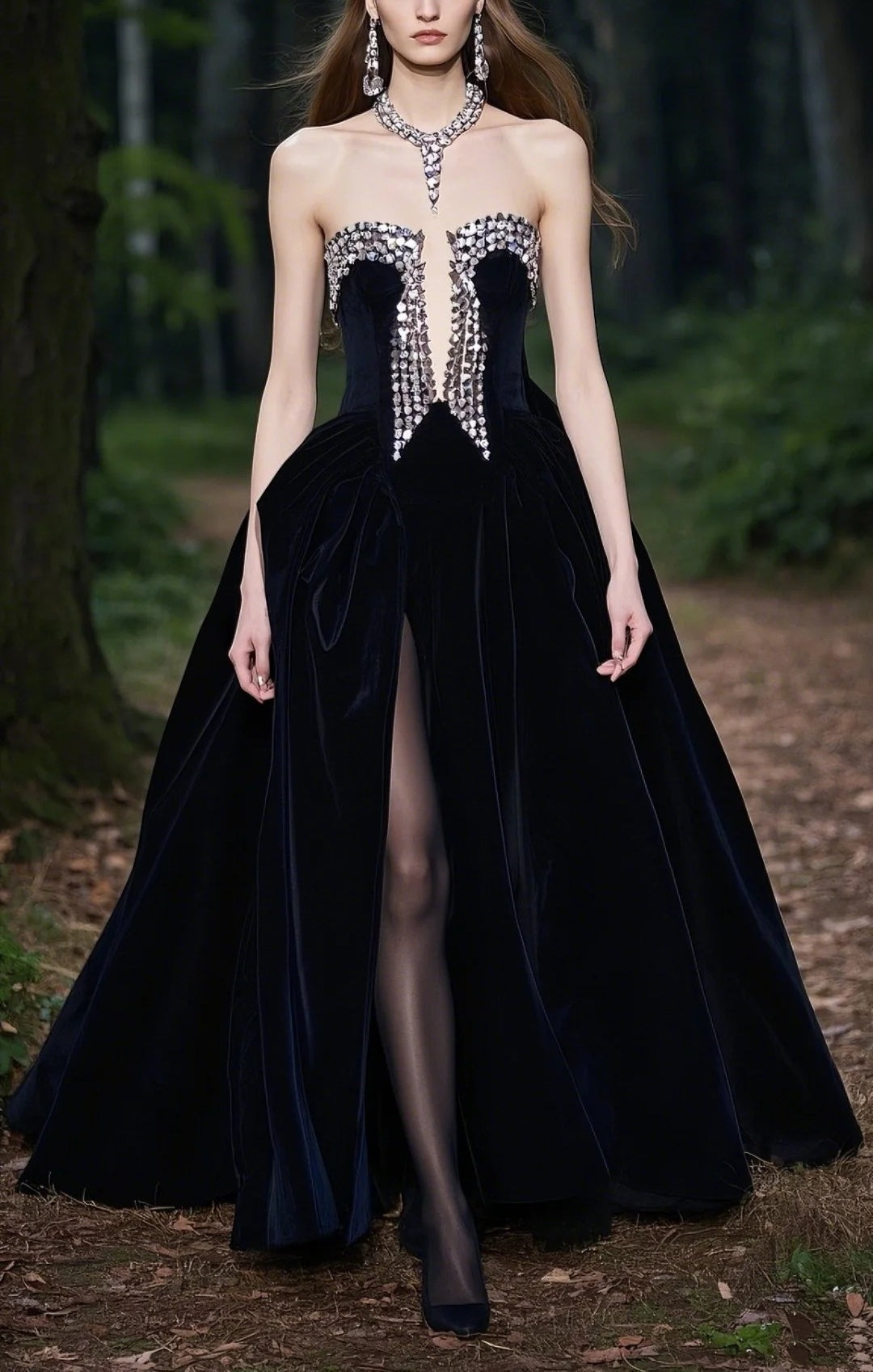 Robe de soirée longue en velours noir avec strass gh4784
