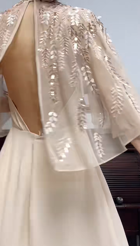 Pale‑Apricot‑Vintage‑Bohemian V‑Neck Batwing‑Flutter‑Sleeve Leaf‑Sequin‑Embroidery High‑Waist High‑Low‑Chiffon Evening Tea‑Party Gown gh8814