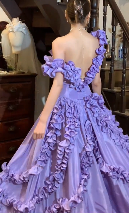 Lavender Off Shoulder Ruffle Satin A Line Long Evening Prom Dress gh9781