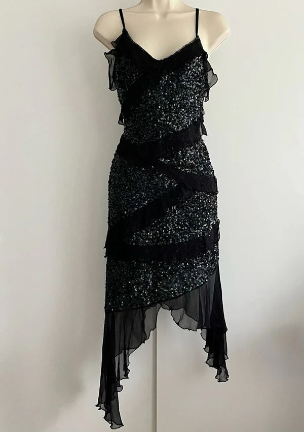 Robe de soirée longue en mousseline de soie à volants et paillettes, bretelles spaghetti noires brillantes, élégante, gh3257