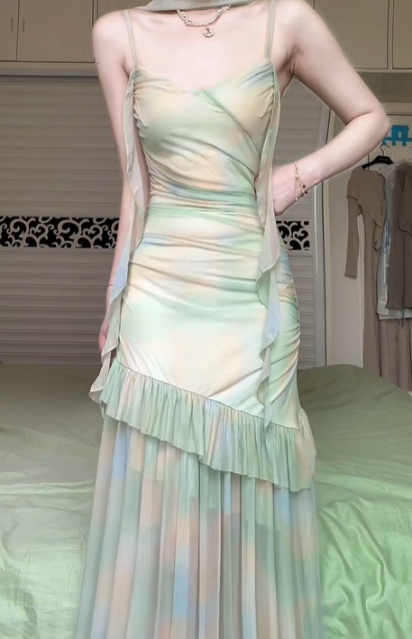 Pastel Tie‑Dye Spaghetti Strap Long Evening Gown, Asymmetrical Ruffle Chiffon Formal Prom Dress gh9029