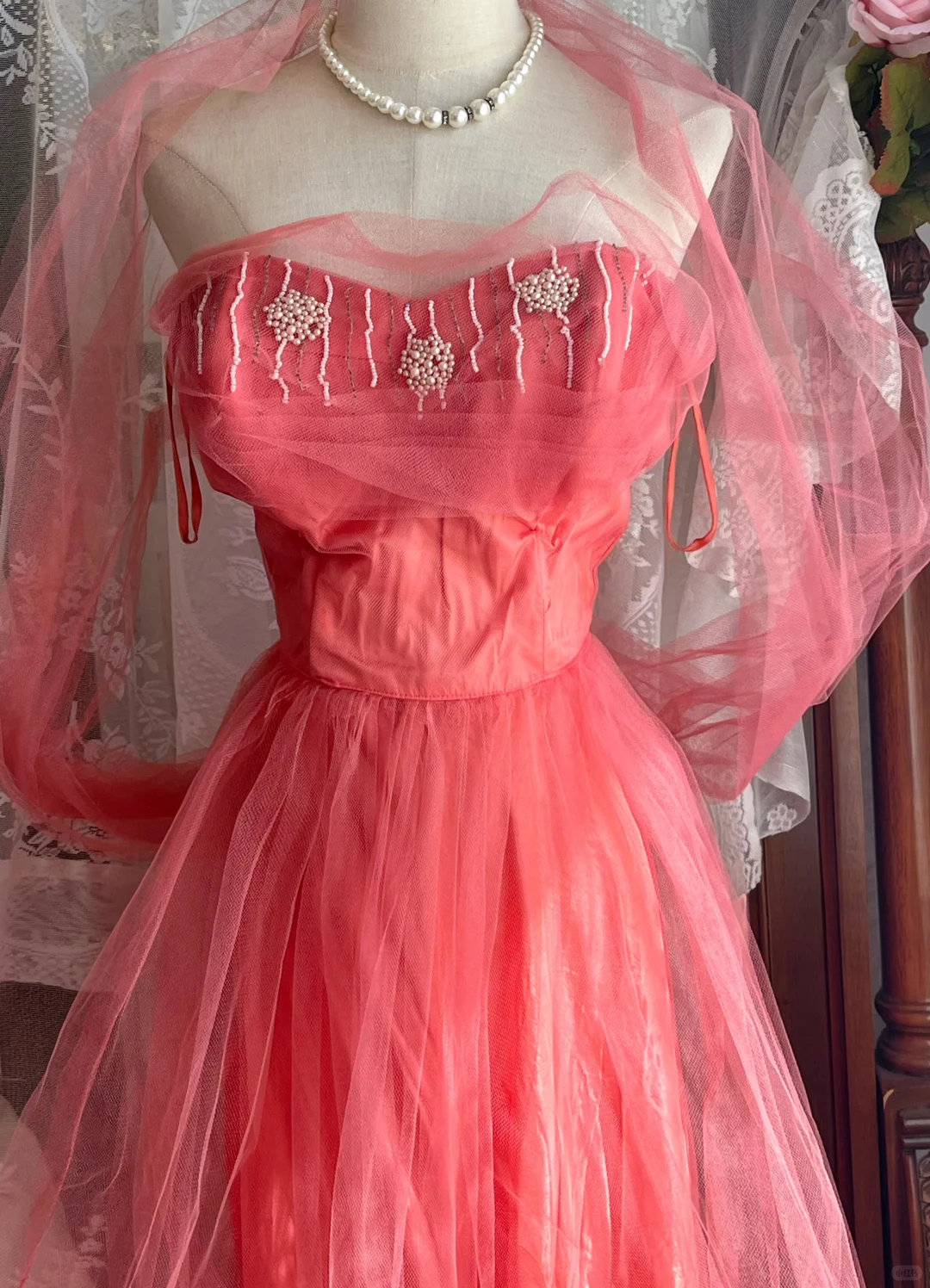 Watermelon Red Vintage Strapless Tulle Long Gown, Beaded A-Line Party Dress gh9303