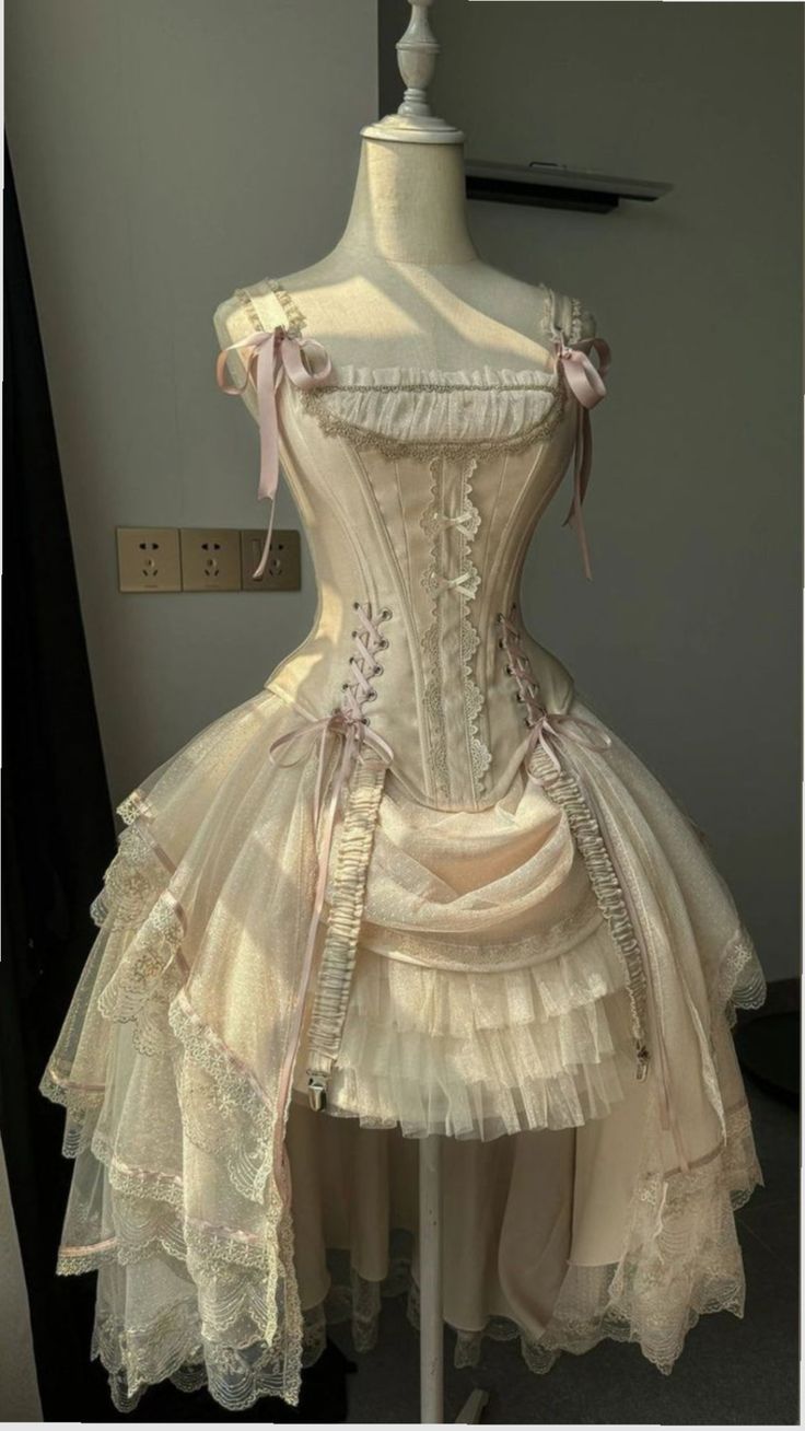 Hellaprikosenfarbenes Lolita-Kleid mit Schnürung und Schleife, Stufenrock, gh6397
