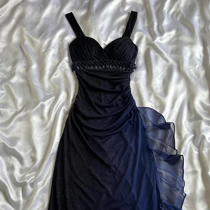 Dunkelblaues, glänzendes, elegantes, exquisites, mit Perlen besetztes, langes Chiffon-Ballkleid, Abendkleid, Partykleid, Abschlusskleid gh3506