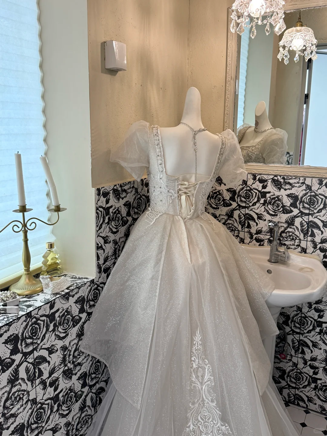 Ivory Puff Sleeve Square Neck Sequin Waist-Cinched Voluminous Skirt Romantic Dress, Wedding Gown gh7595