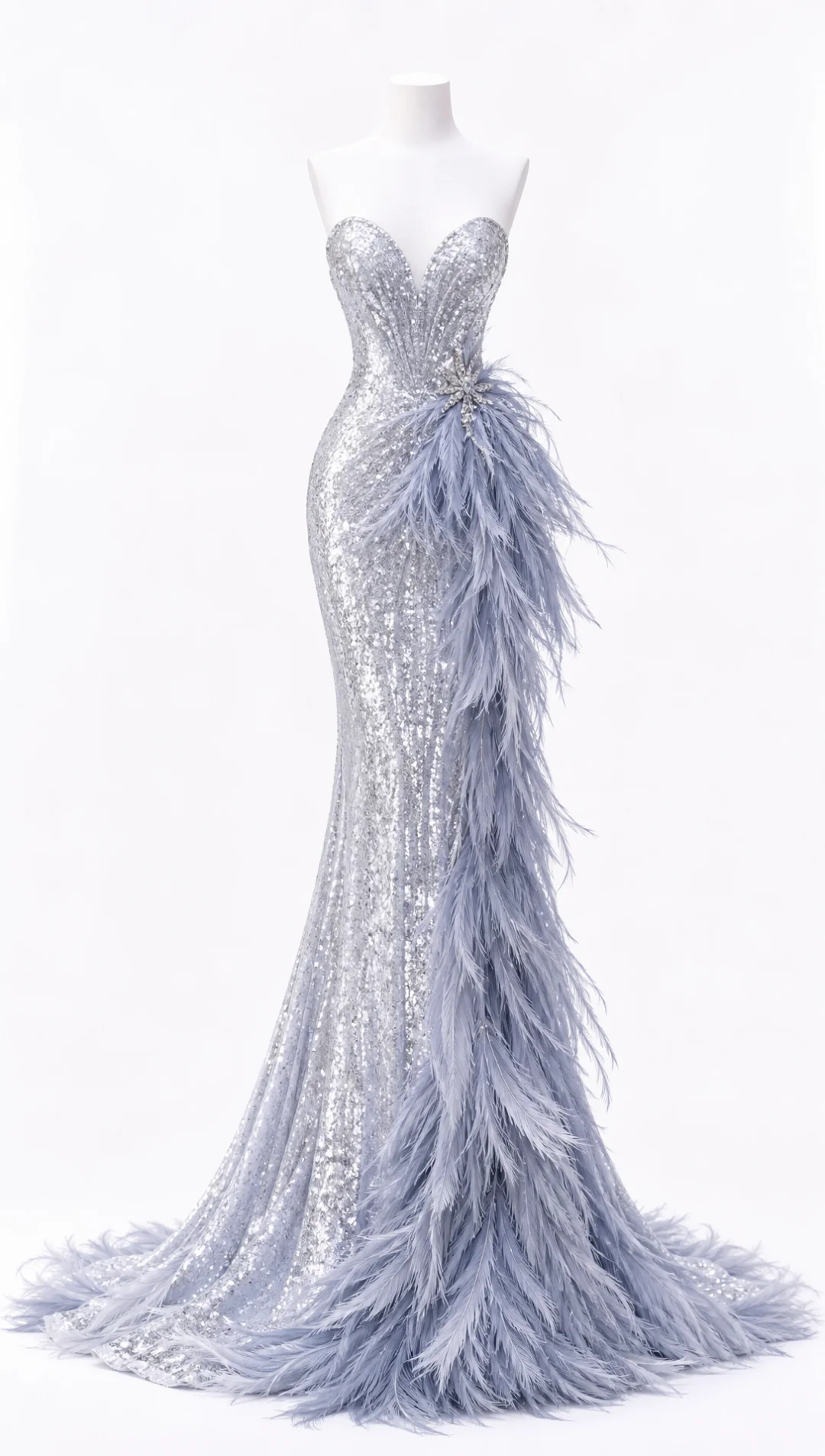 ✨Girlhomeshops-Light Blue Sweetheart Sequin Mermaid Evening Gown with Feather Details gh10311