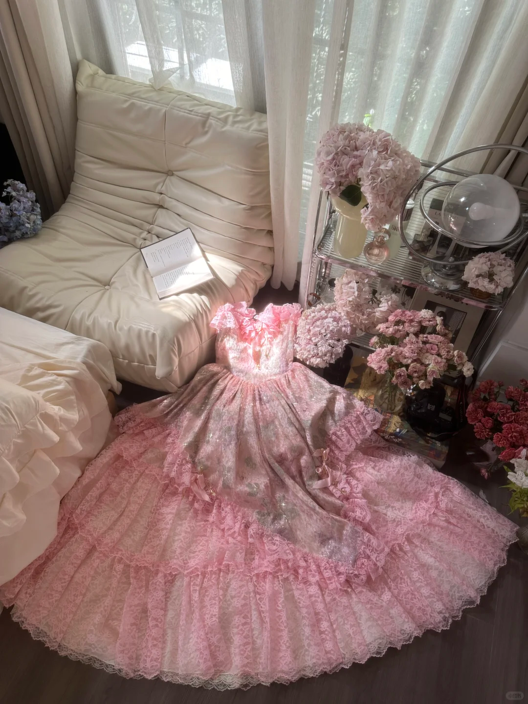 Rosa süße Mode elegante exquisite Spitze floral lange Tüll Spitze Prinzessin Ballkleid Abendkleid Geburtstagskleid Erwachsene Zeremonie Kleid gh4032