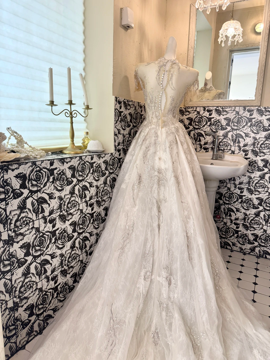Ivory Rhinestone Embroidered Luxury Elegant Waist-Cinched Full Flared Romantic Dress, Wedding Gown gh7512