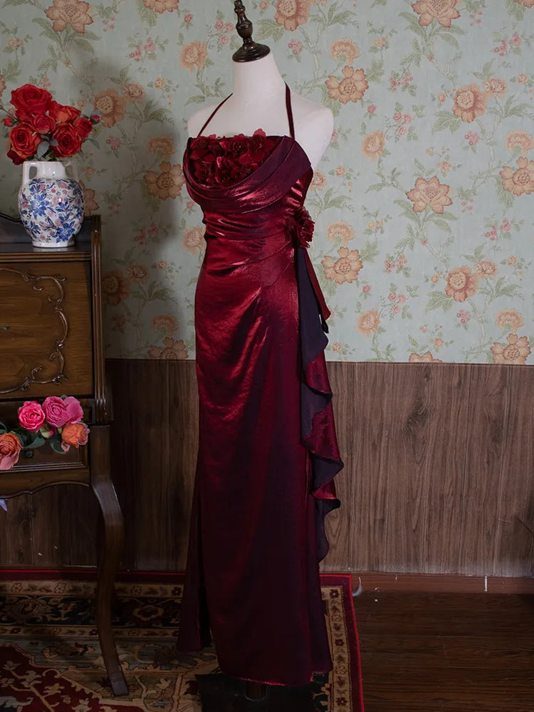 Robe de soirée longue dos nu à fleurs délicates et brillantes, jaune/vert/bordeaux, robe de fête d'anniversaire gh3385