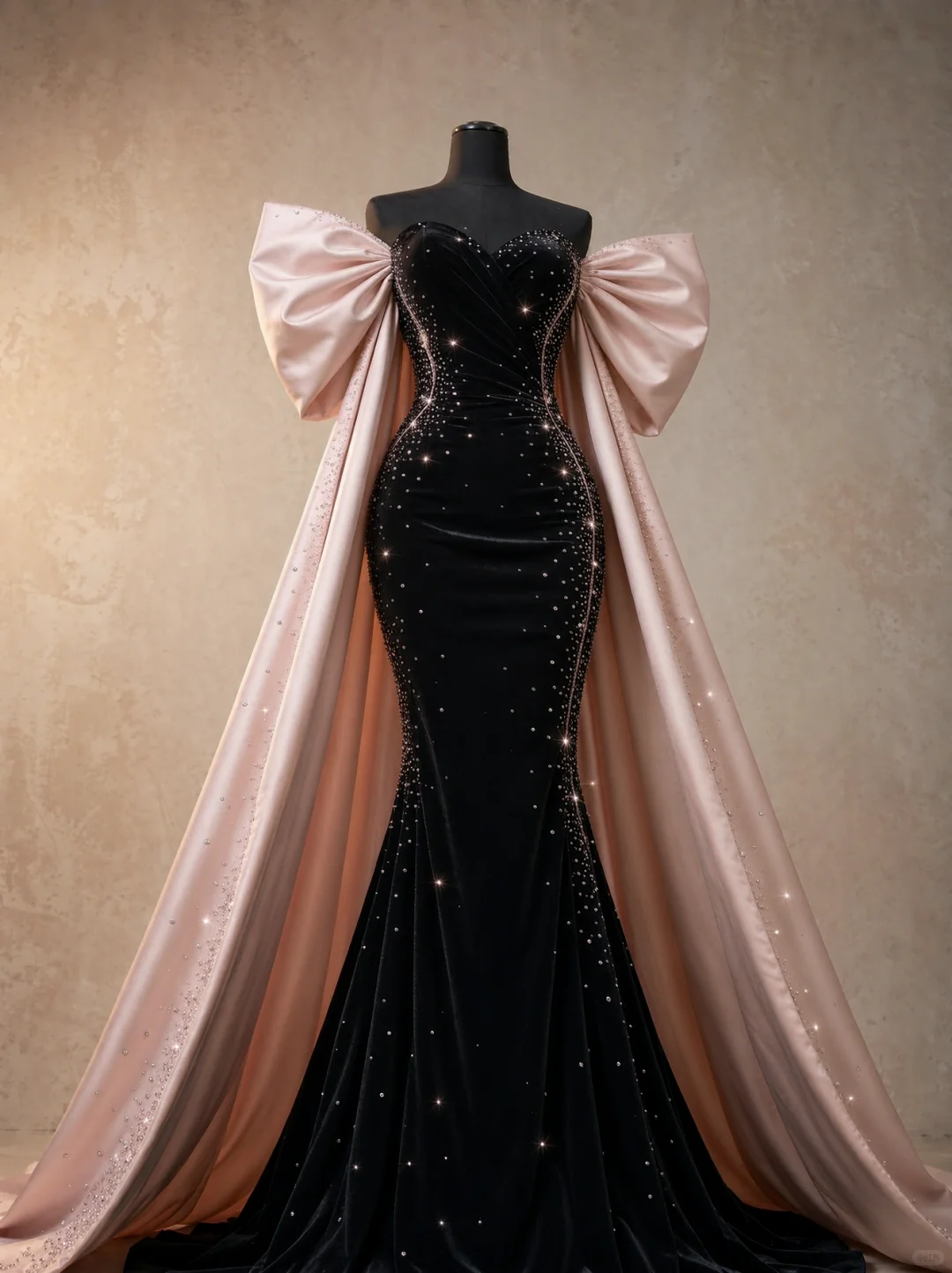 ✨Girlhomeshops-Strapless Black Velvet Mermaid Gown with Pink Satin Bow Cape and Rhinestones gh10503