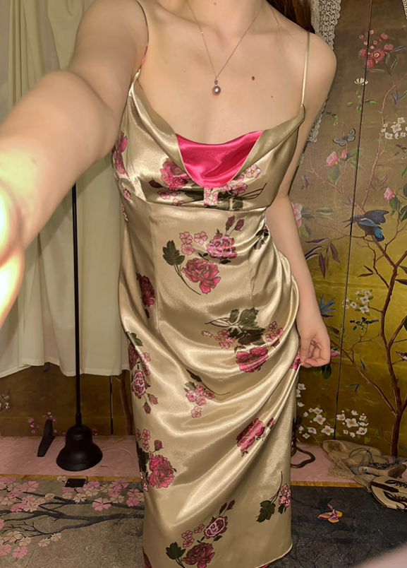 Champagne Gold Vintage Rose Floral Satin Spaghetti Strap Prom & Evening Party Dress gh8413