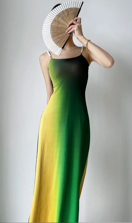 Green‑Yellow Gradient Mesh Slip Maxi Gown, Square Neck, Contrast Braided Spaghetti Straps, Stretch Mesh Fabric, Fitted Straight Maxi Silhouette, Double‑Layer Sheer Mesh, Retro Vibe Vacation Prom Photoshoot Dress gh8860