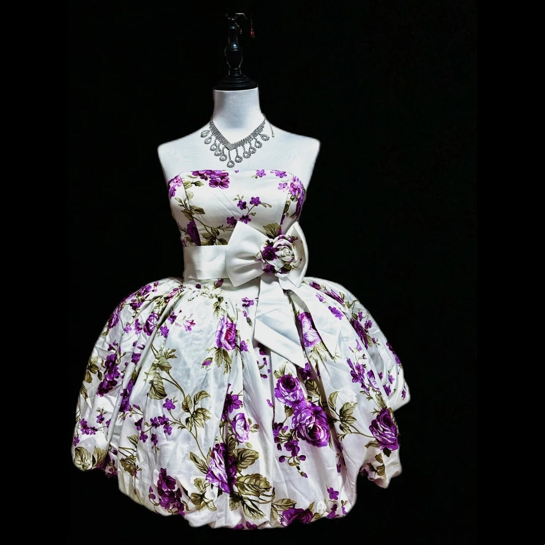 Weißes, geblümtes, kurzes Satin-Heimkehrkleid, Ballkleid, Geburtstagskleid, gh4635