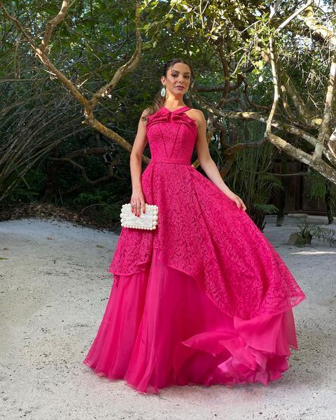 Robe de soirée longue en tulle et dentelle élégante et exquise, robe de soirée pour invités de mariage, rose, gh3362