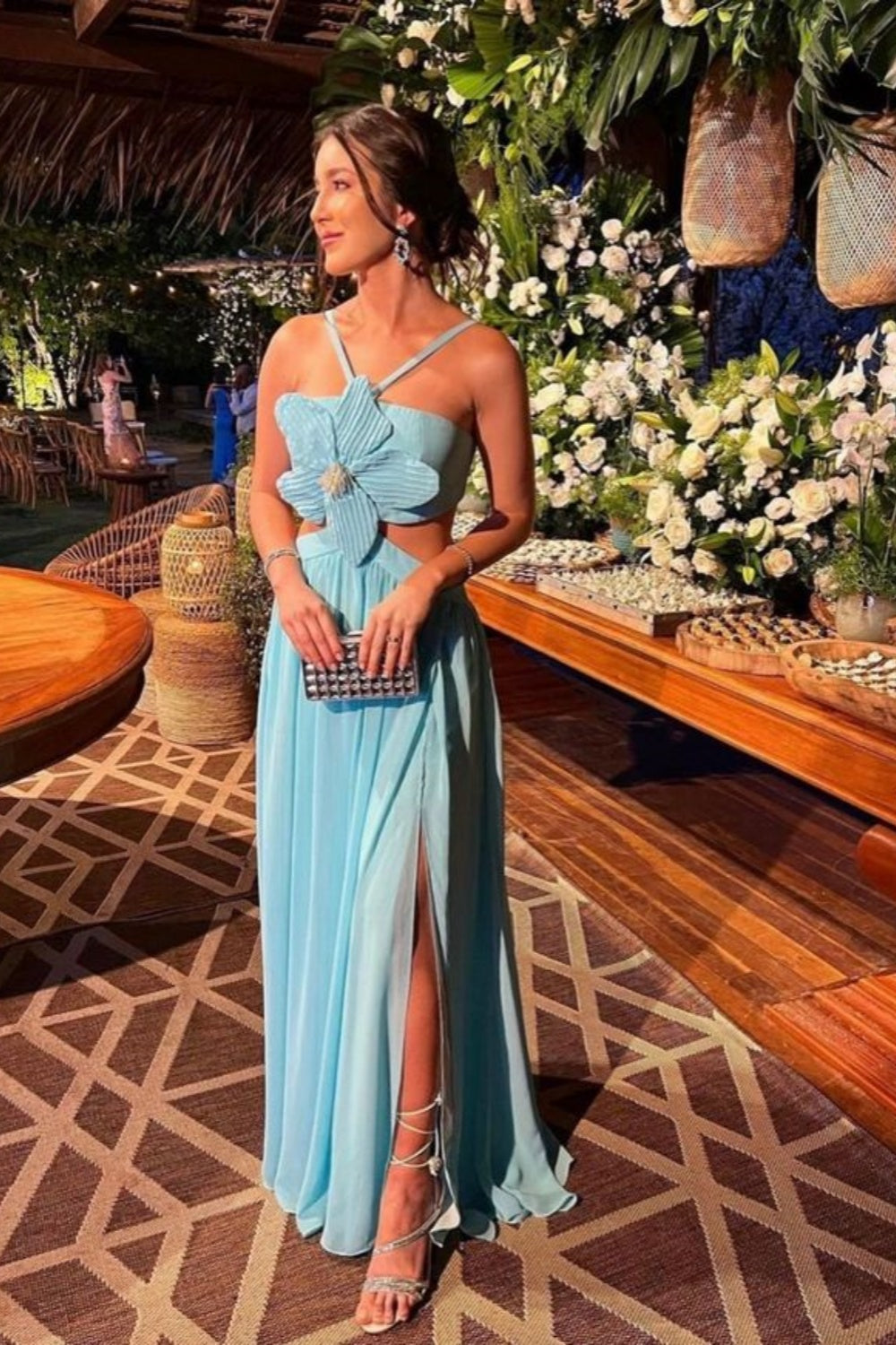Robe de soirée longue en mousseline de soie à bretelles bleues, design unique, robe de soirée gh3109