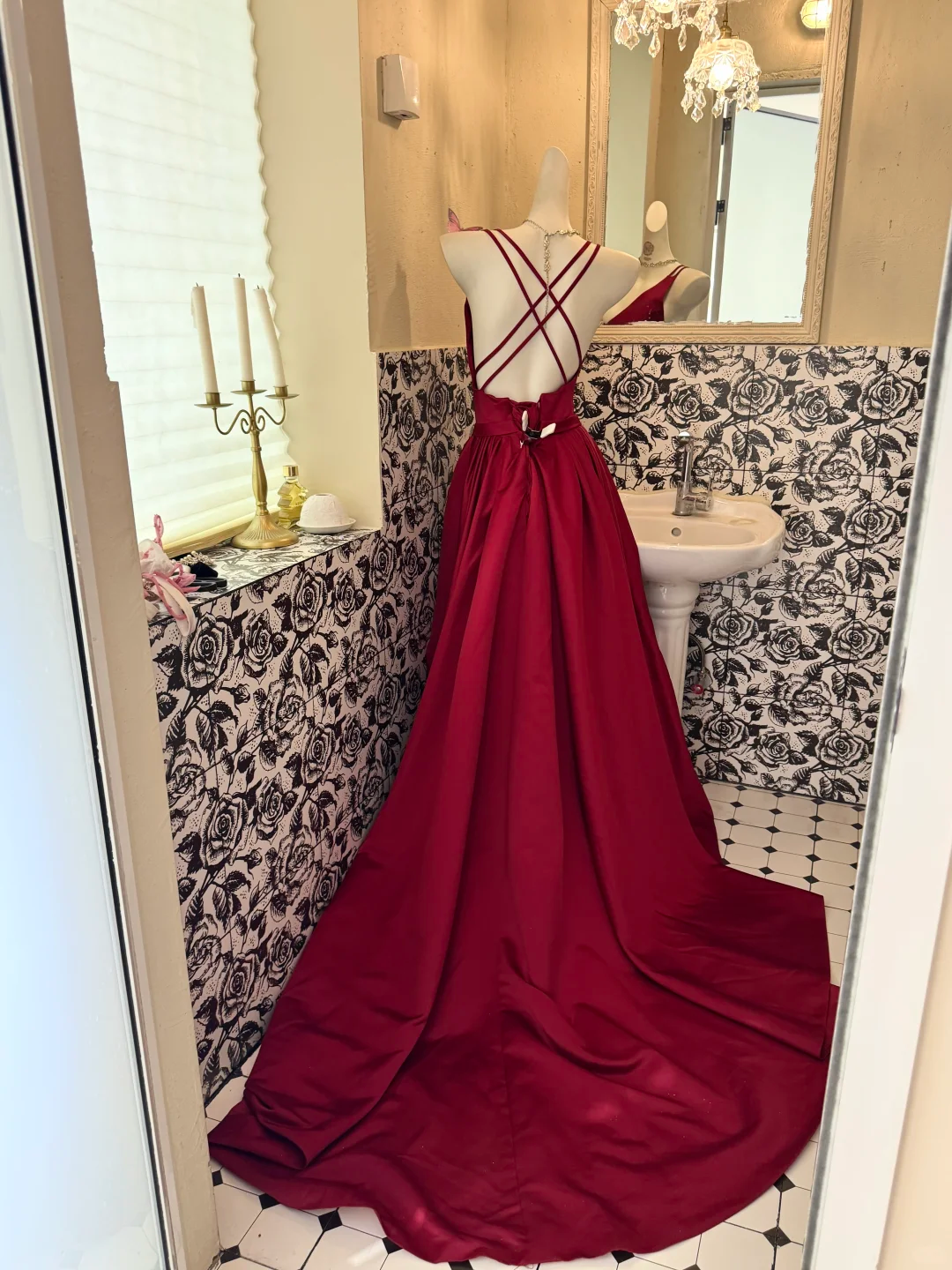 Red Spaghetti Strap Satin Waist-Cinched Sexy Long Romantic Dress, Wedding Gown gh7540