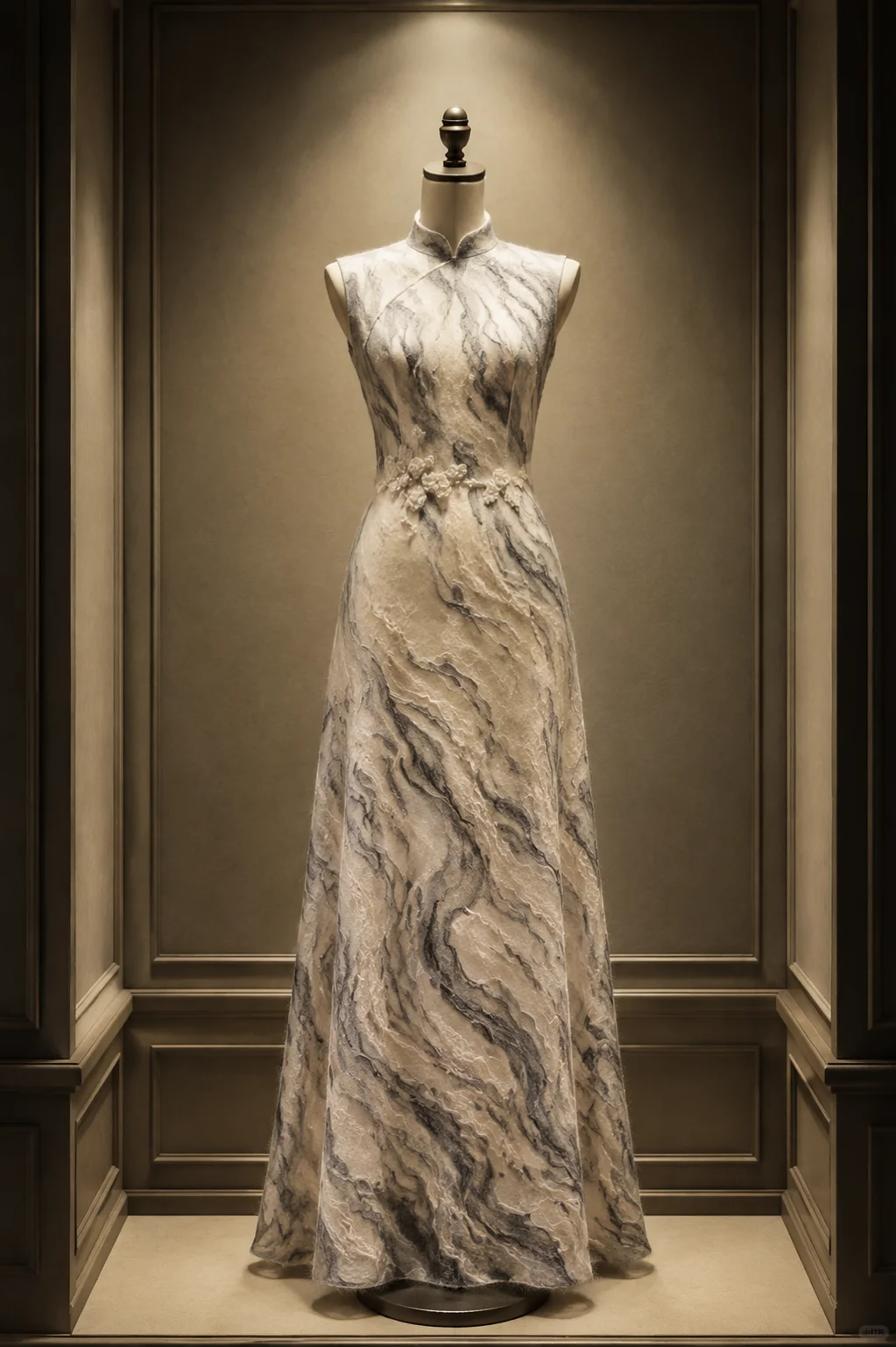 ✨Girlhomeshops-Ink Wash Marble Print Sleeveless 3D Floral Qipao Cheongsam Evening Gown gh10398