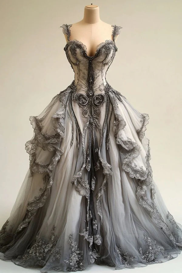 Cremefarbenes Vintage-Kleid aus zarter Spitze, A-Linie, V-Ausschnitt, Tüll, lang, bodenlang, Ballkleid, Abendkleid, Hochzeitskleid gh3597