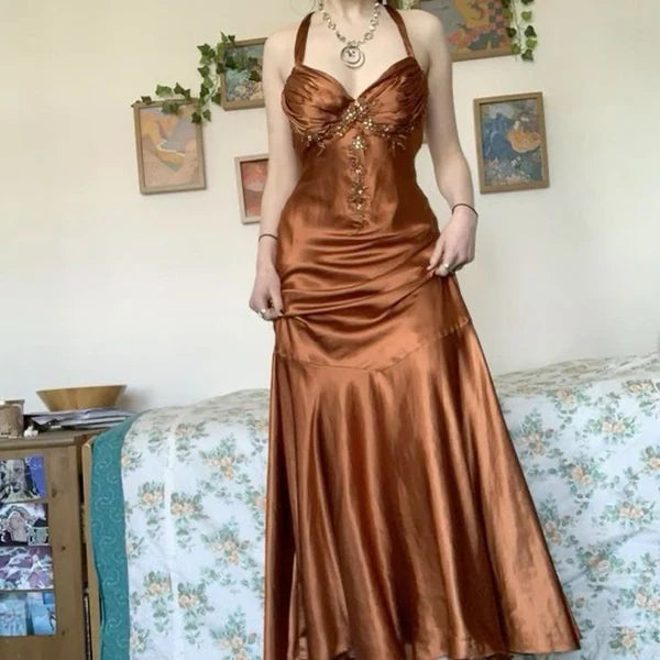 Belle robe de soirée longue sans manches style sirène vintage marron sans bretelles avec perles gh3031