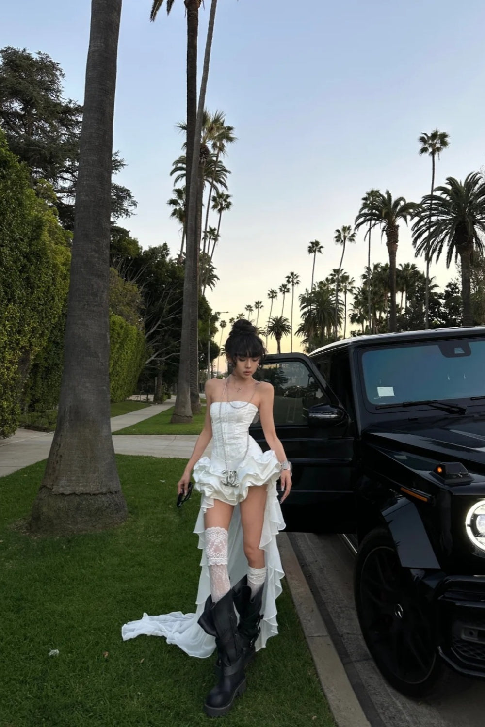 White, Stylish, Pleated, Short, Unique Dress; Cool Girl Birthday Party Dress; Back-To-School Dress. gh7086