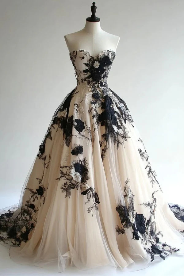 Schwarz-weißes, elegantes, langes Abendkleid aus Tüll im Vintage-Stil, Hochzeitskleid, formelles Eventkleid gh3526