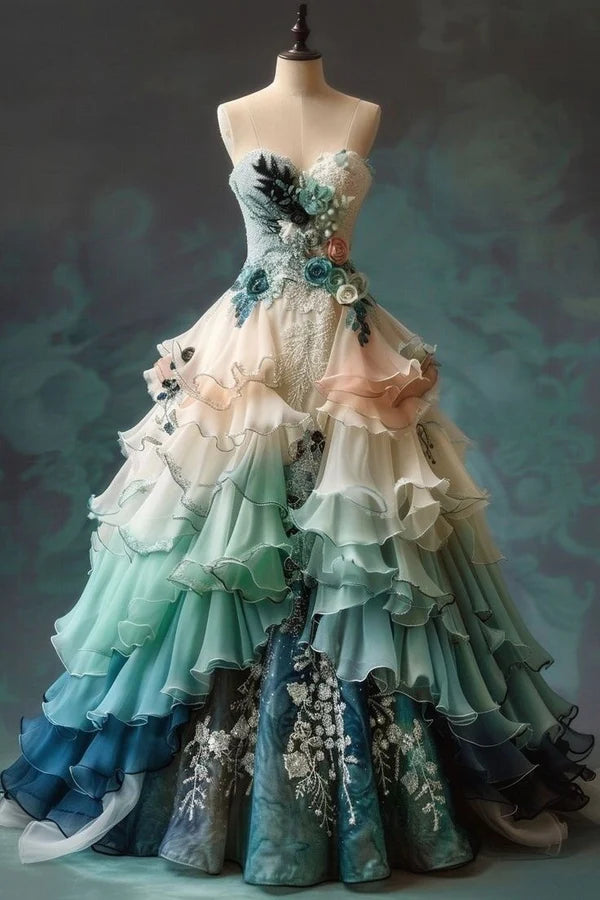 Grün blau mode farbverlauf elegante exquisite floral applique lange tüll ballkleid abendkleid brautkleid gh3598