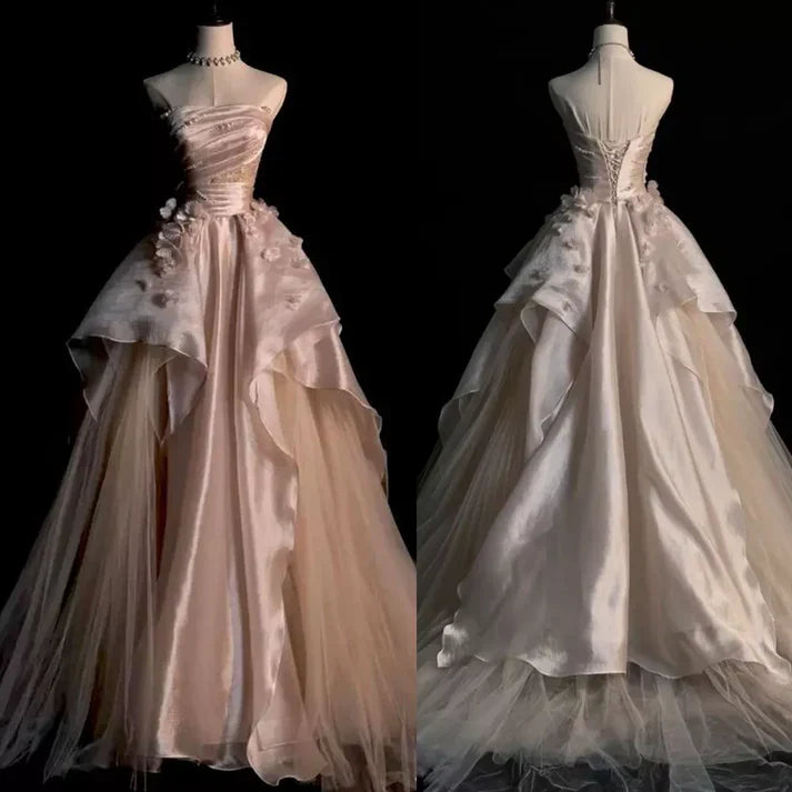 Wunderschönes, exquisites A-Linien-Abendkleid mit schulterfreien Perlen und langem Tüll in Rosa, Ballkleid, Hochzeitskleid, Abendkleid gh3497