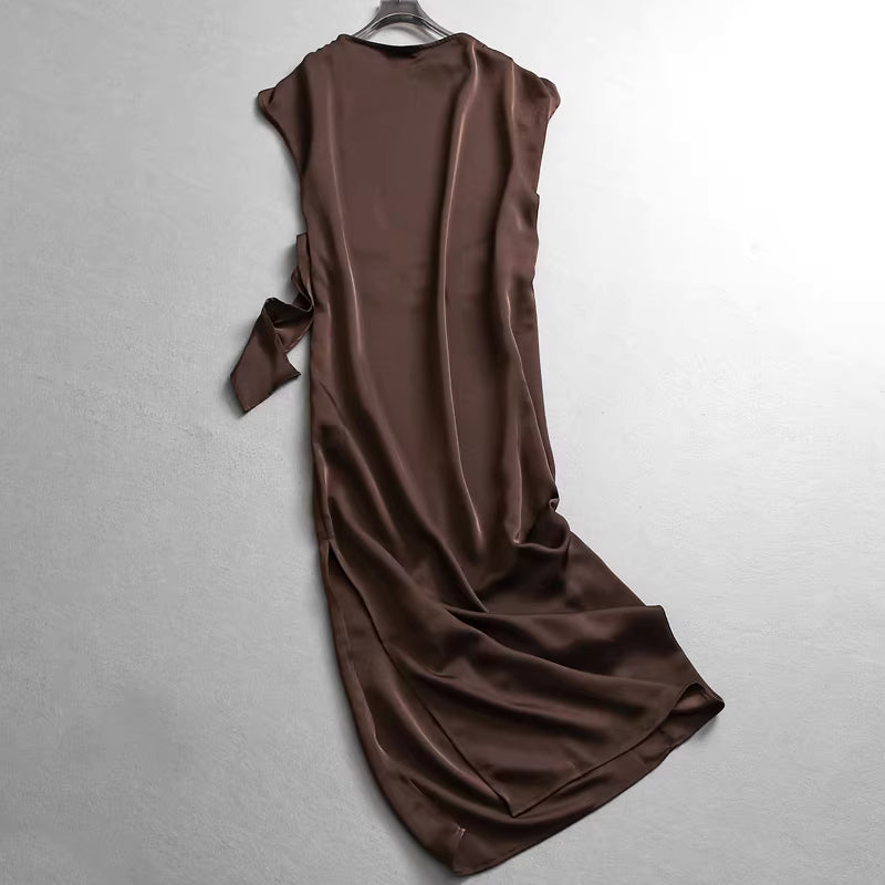 Minimalist style solid color satin flowy round neck raglan sleeve elegant commuter bodycon short sleeve dress 11299