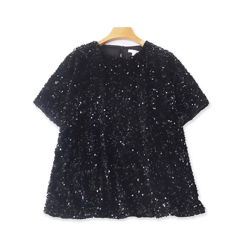 Stilvolles und elegantes, paillettenbesetztes Kurzarm-T-Shirt – funkelnd und stilvoll für Partys und Abendveranstaltungen. 11385